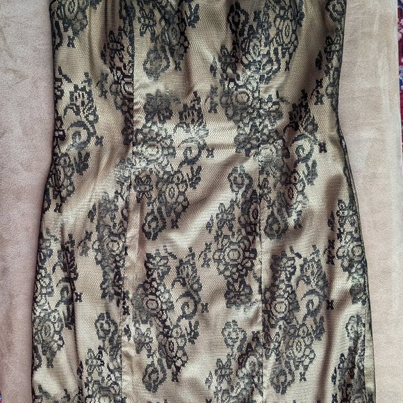 IGNITE EVENINGS BY CAROL LIN FORMAL COCKTAIL DRESS GOLD BLACK LACE FEATHERS SZ 6 - Picture 6 of 9